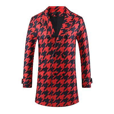 Houndstooth Trench Coat for Men's Double Breasted Plaid Pattern
