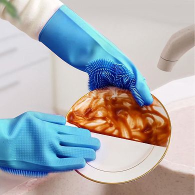 1 Pair Magic Silicone Cleaning Gloves, Dishwashing & Pet Scrubber, Heat-Resistant Sponge Gloves