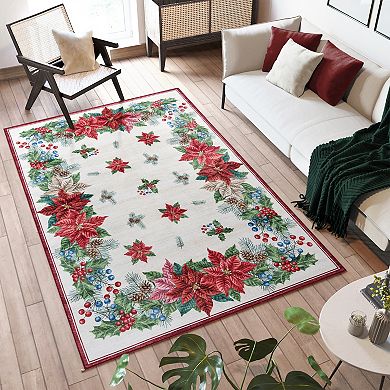 Gertmenian Crystal Print Fete Transitional Floral Poinsettia Runner or Area Rug