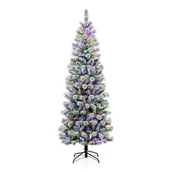 Glitzhome 7.5ft Pre-lit Flocked Pencil Green Pine Artificial Christmas Tree - Remote Controller