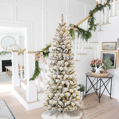 Glitzhome 7.5ft Pre-lit Flocked Pencil Green Pine Artificial Christmas Tree - Remote Controller