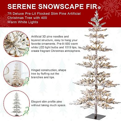 Glitzhome 7ft Deluxe Pre-Lit Artificial Christmas Tree, Flocked Slim Fir Decorative Tree