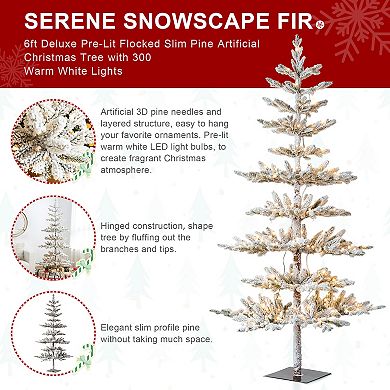 Glitzhome 6ft Flocked Slim Fir Artificial Christmas Tree, Deluxe Pre-Lit Faux Tree