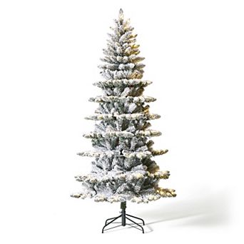 Glitzhome 7.5ft Pre-lit Flocked Spruce Artificial Christmas Tree With 320 Warm White Lights, 3 Modes