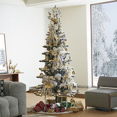 Glitzhome 7.5ft Pre-lit Flocked Spruce Artificial Christmas Tree With 320 Warm White Lights, 3 Modes