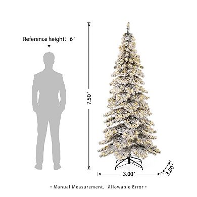 Glitzhome 7.5ft Pre-Lit Artificial Christmas Tree, Flocked Layered Slim Spruce Fake Tree