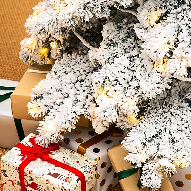 Glitzhome 7.5ft Pre-Lit Artificial Christmas Tree, Flocked Layered Slim Spruce Fake Tree