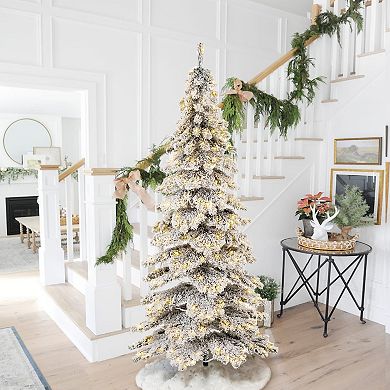 Glitzhome 7.5ft Pre-Lit Artificial Christmas Tree, Flocked Layered Slim Spruce Fake Tree