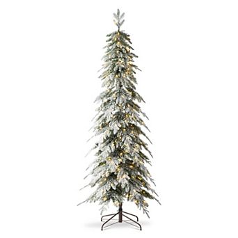 Glitzhome 7.5ft Pre-Lit Flocked Pencil/Slim Spruce Xmas Tree with 350 Lights, 3 function ﻿