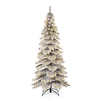 Glitzhome 7.5ft Pre-Lit Flocked Pencil/Slim Spruce Xmas Tree with 350 Lights, 3 function ﻿