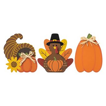 Glitzhome Set of 3 Pumpkin Turkey & Croissant Table Decor, Thanksgiving Cute Turkey Wood Table Sign