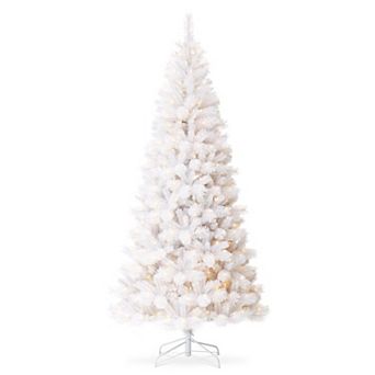 Glitzhome 8ft Pre-Lit Pine Slim Artificial Christmas Tree, White Xmas Tree Aspen Frostfall Pine