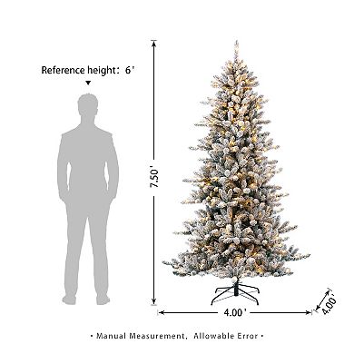 Glitzhome 7.5ft Snow Flocked Full-size Fir Christmas Tree, Pre-Lit Fake Tree