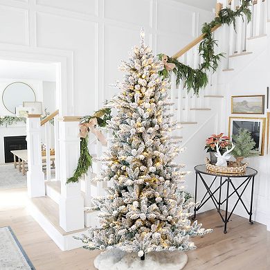 Glitzhome 7.5ft Snow Flocked Full-size Fir Christmas Tree, Pre-Lit Fake Tree