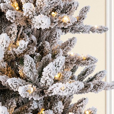 Glitzhome 7.5ft Snow Flocked Full-size Fir Christmas Tree, Pre-Lit Fake Tree
