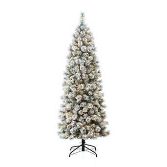 Glitzhome 7.5ft Pre-Lit Artificial Christmas Tree, Flocked Pencil Pine Decorative Tree
