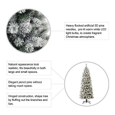 Glitzhome 7.5ft Pre-Lit Artificial Christmas Tree, Flocked Pencil Pine Decorative Tree