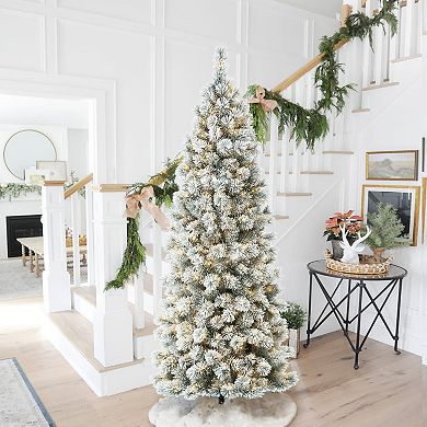 Glitzhome 7.5ft Pre-Lit Artificial Christmas Tree, Flocked Pencil Pine Decorative Tree