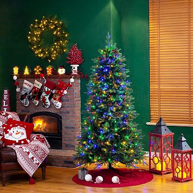 Glitzhome 7ft Pre-lit Green Fir Artificial Christmas Tree, 9 Functional Decorative Christmas Tree