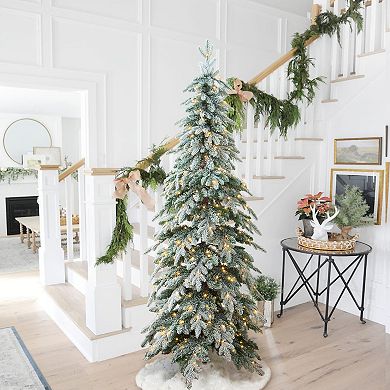 Glitzhome 7.5ft Artificial Christmas Tree - Pre-Lit Flocked Pencil Spruce Fake Tree
