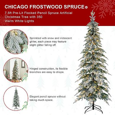 Glitzhome 7.5ft Artificial Christmas Tree - Pre-Lit Flocked Pencil Spruce Fake Tree