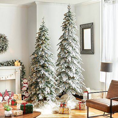 Glitzhome 7.5ft Artificial Christmas Tree - Pre-Lit Flocked Pencil Spruce Fake Tree