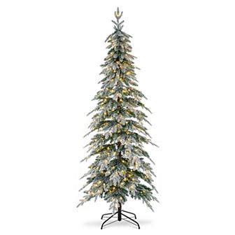 Glitzhome 7.5ft Artificial Christmas Tree - Pre-Lit Flocked Pencil Spruce Fake Tree