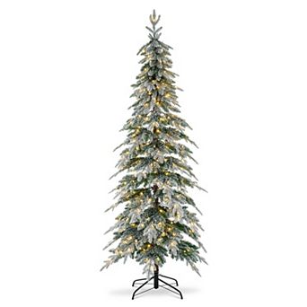 Glitzhome 7.5ft Artificial Christmas Tree - Pre-Lit Flocked Pencil Spruce Fake Tree