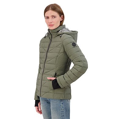 Women's Nautica Short Stretch Faux Fur Lined Hood Puffer Jacket