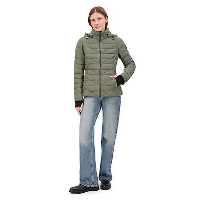 Women's Nautica Short Stretch Faux Fur Lined Hood Puffer Jacket