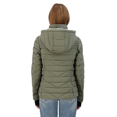 Women's Nautica Short Stretch Faux Fur Lined Hood Puffer Jacket