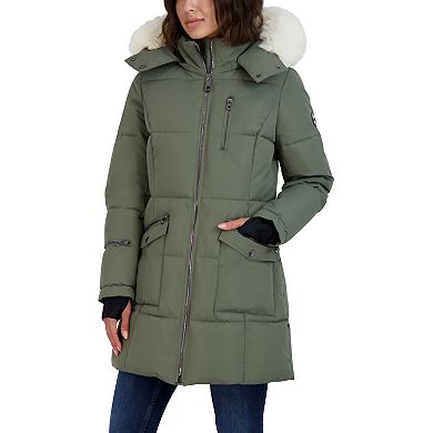 Women's Nautica Faux Fur Trim Hooded Heavyweight Long Puffer Jacket