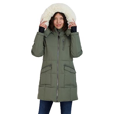 Women's Nautica Faux Fur Trim Hooded Heavyweight Long Puffer Jacket