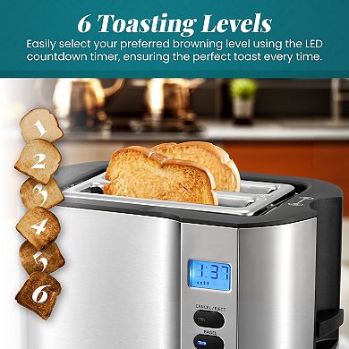 Elite Cuisine Stainless Steel 2-Slice LCD Toaster with Bagel Function