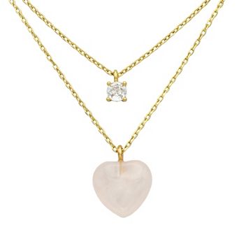 City Luxe Gold Tone Cubic Zirconia & Rose Quartz Heart Double Strand Pendant Necklace