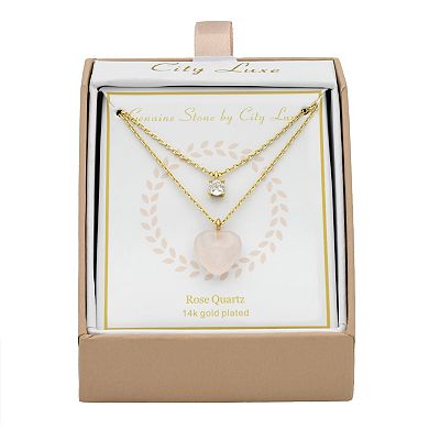 City Luxe Gold Tone Cubic Zirconia & Rose Quartz Heart Double Strand Pendant Necklace