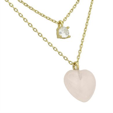 City Luxe Gold Tone Cubic Zirconia & Rose Quartz Heart Double Strand Pendant Necklace