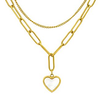 City Luxe Gold Tone Mother of Pearl Double Strand Paperclip Chain Heart Y-Necklace
