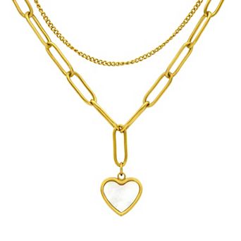 City Luxe Gold Tone Mother of Pearl Double Strand Paperclip Chain Heart Y-Necklace