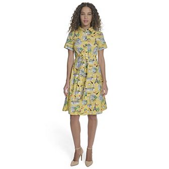 Women's La Nouvelle Renaissance Paris Print Short Sleeve Belted Dress