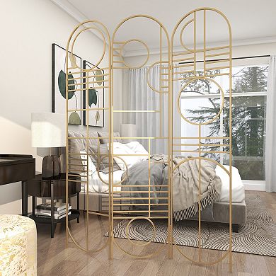 Stella & Eve Gold Metal Hinged Foldable Arched Partition 3 Panel Geometric Room Divider Screen