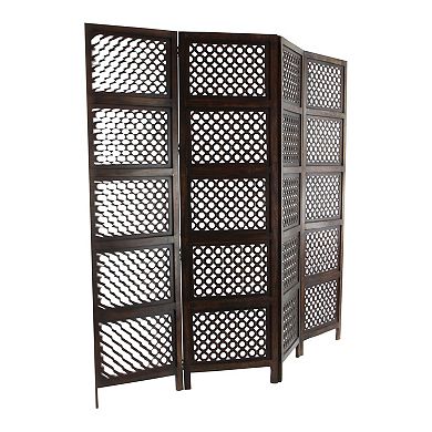 Stella & Eve Brown Wooden Floral Handmade Hinged Foldable Partition 4 Panel Room Divider Screen
