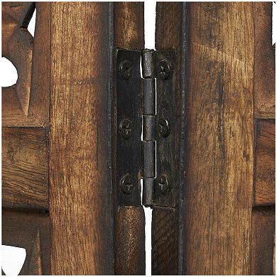 Stella & Eve Brown Wooden Floral Handmade Hinged Foldable Partition 4 Panel Room Divider Screen