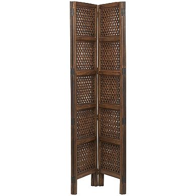 Stella & Eve Brown Wooden Floral Handmade Hinged Foldable Partition 4 Panel Room Divider Screen