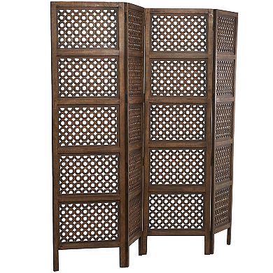 Stella & Eve Brown Wooden Floral Handmade Hinged Foldable Partition 4 Panel Room Divider Screen