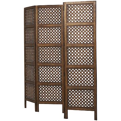 Stella & Eve Brown Wooden Floral Handmade Hinged Foldable Partition 4 Panel Room Divider Screen