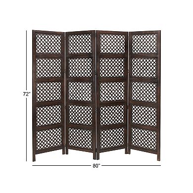 Stella & Eve Brown Wooden Floral Handmade Hinged Foldable Partition 4 Panel Room Divider Screen