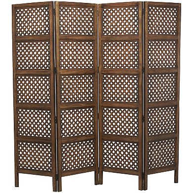 Stella & Eve Brown Wooden Floral Handmade Hinged Foldable Partition 4 Panel Room Divider Screen