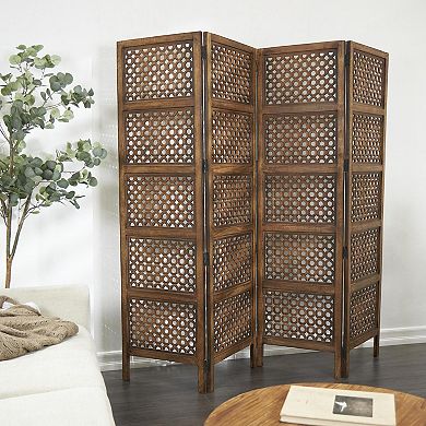 Stella & Eve Brown Wooden Floral Handmade Hinged Foldable Partition 4 Panel Room Divider Screen