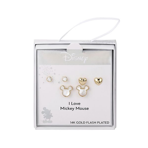 Disney 14k Gold Flash Plated Cubic Zirconia Stud, Plain Heart & Mother-of-Pearl Mickey Stud Earring Set - Gold Tone